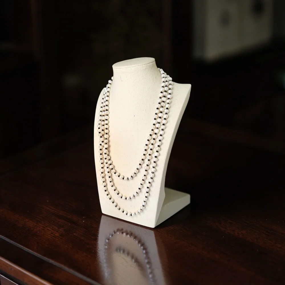 Carolee Classic White Pearl Long Necklace with Black Rhinestones